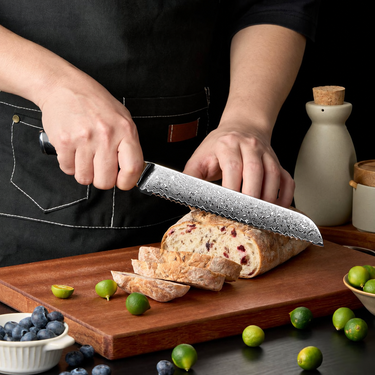 Set japonais Naoki — 5 couteaux — pain — vue en cuisine